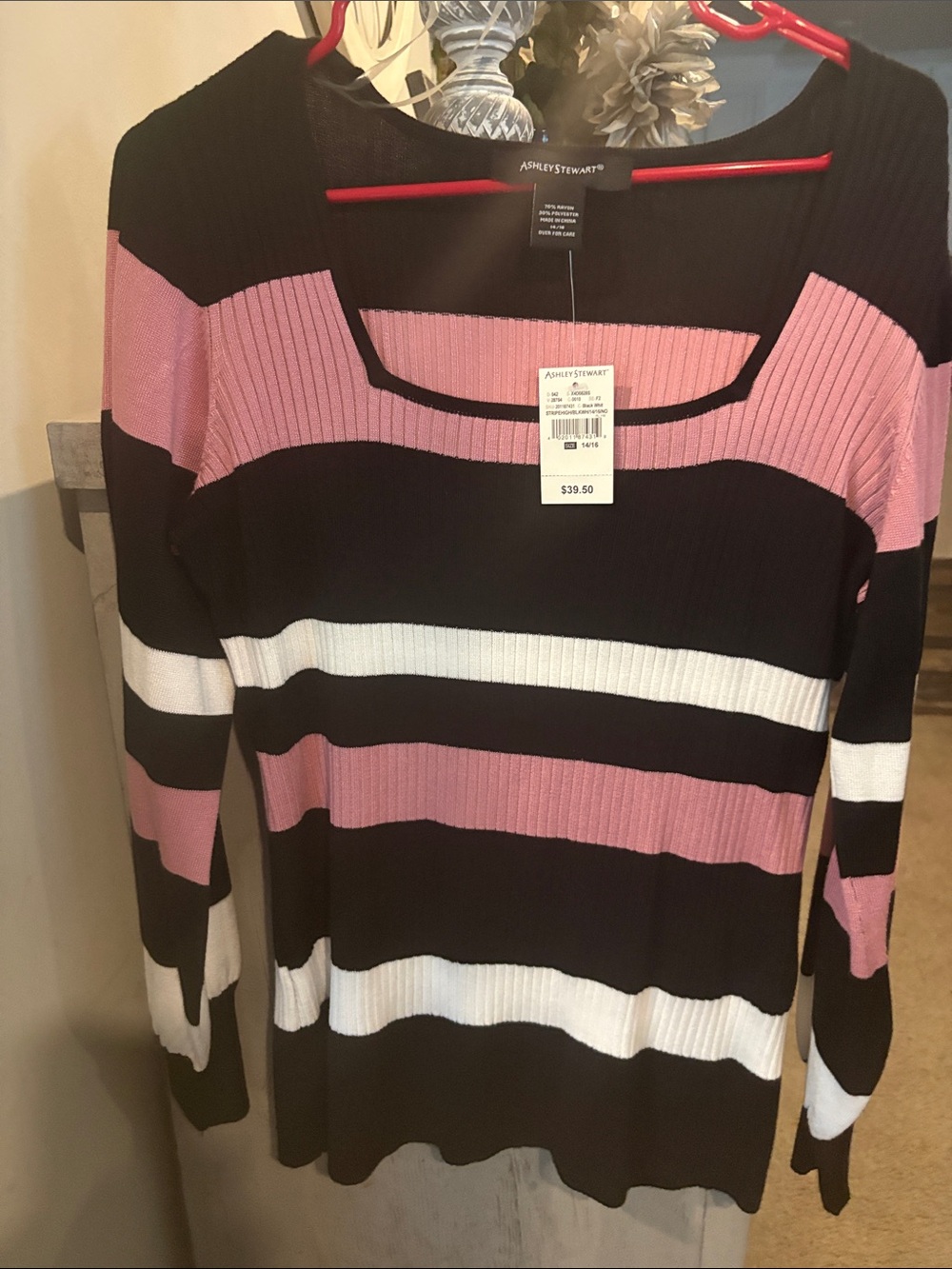 Ashley Stewart Black Pink White Striped Ribbed Long Sleeve Top